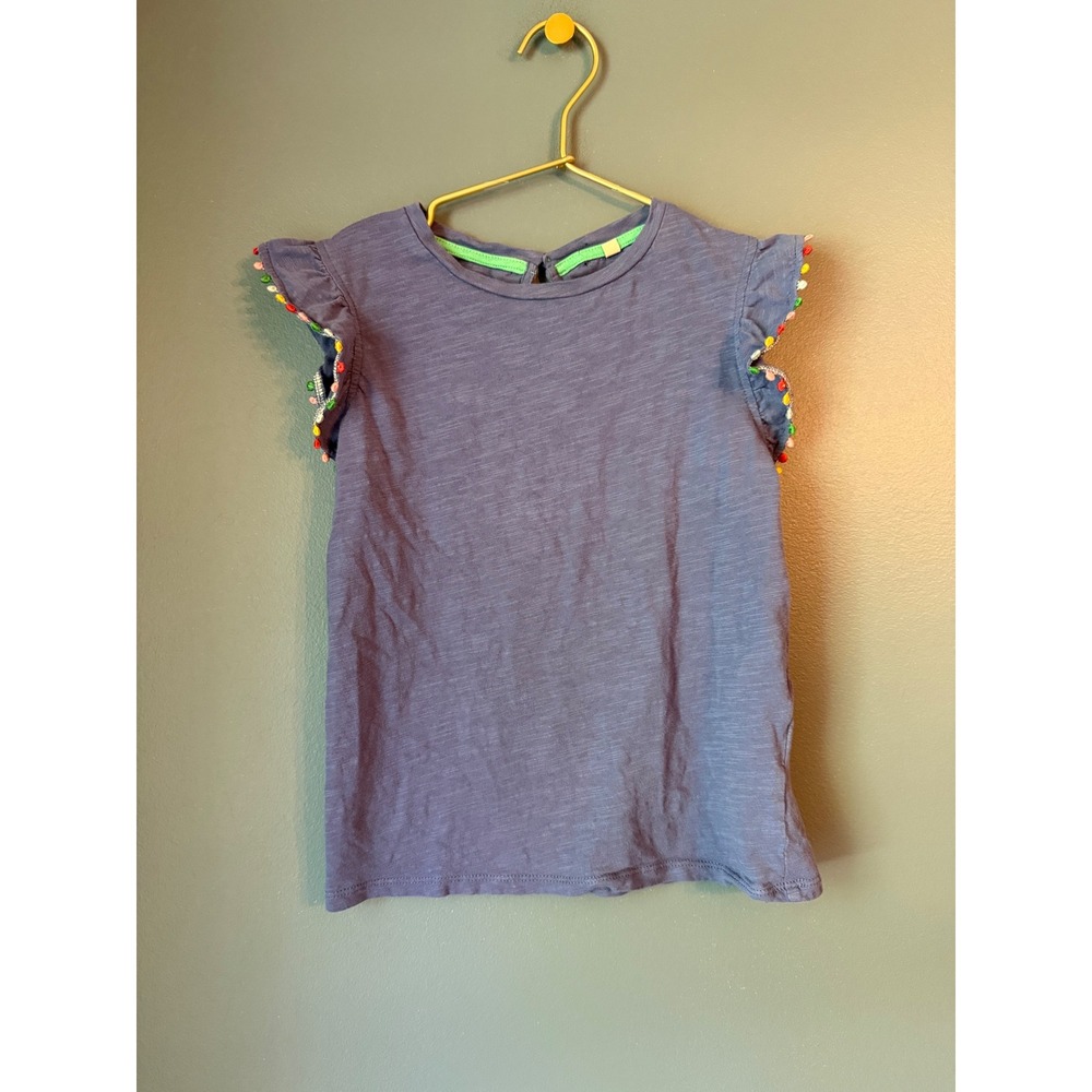 Mini Boden Girls Blue Slub Cotton Pom Pom Flutter Sleeve Tee Size 8-9Y